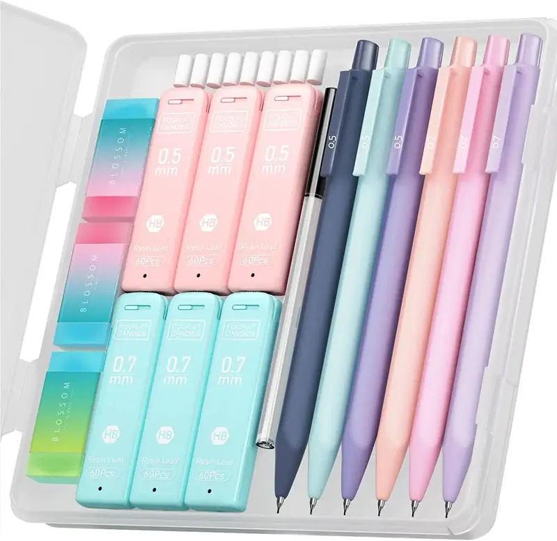 Cute Mechanical Pencil Set, 6PCS Pastel Mechanical Pencils 0.5mm & 0.7mm with 360PCS HB Pencil Leads, 3PCS Erasers and 9PCS E...