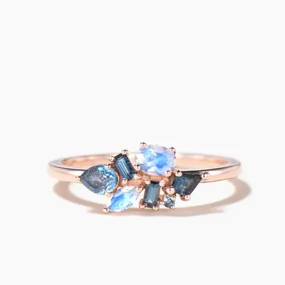 Mixed Cut Natural London Blue Topaz Moonstone Cluster Dainty Band