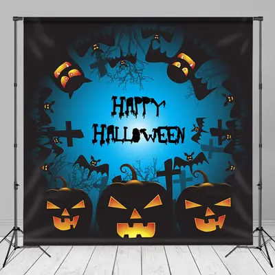 Black Pumpkin Bats Happy Halloween Party Backdrop - Aperturee