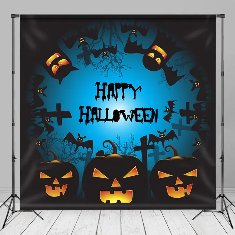 Black Pumpkin Bats Happy Halloween Party Backdrop - Aperturee