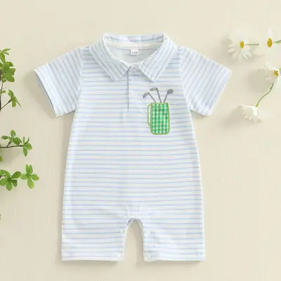 Infant Baby Boy Golf Outfit Short Sleeve Golf Embroidery Polo Romper Lapel Button Striped Bodysuit Jumpsuit 0-18M