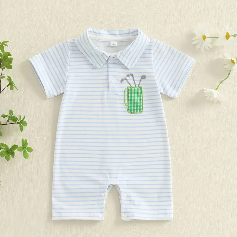 Infant Baby Boy Golf Outfit Short Sleeve Golf Embroidery Polo Romper Lapel Button Striped Bodysuit Jumpsuit 0-18M