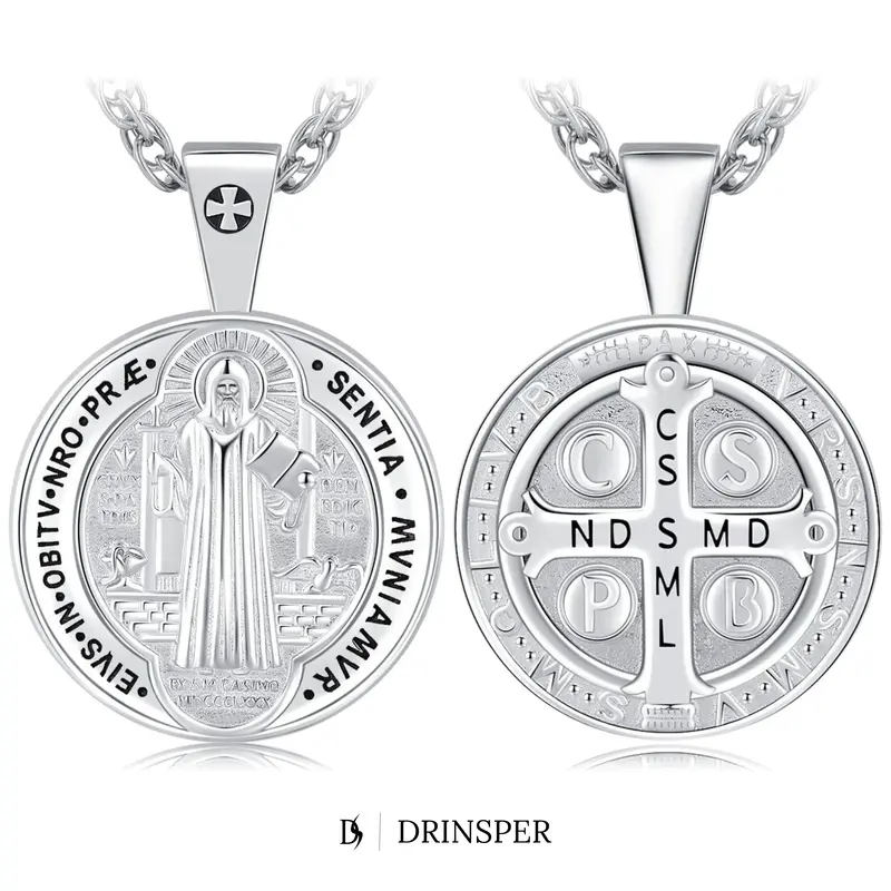 DRINSPER S925 San Benedict Amulet Necklace Sterling Silver Medalla de St Benito Necklace