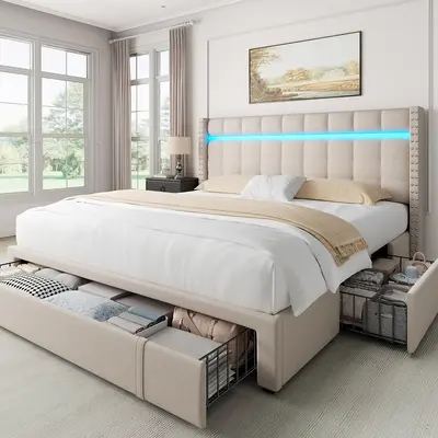 【TikTokShopRestock】Bed Frame with Storage, MATTRESS NOT INCLUDED, LED Bed Frame with Adjustable Headboard, Upholstered Pl...