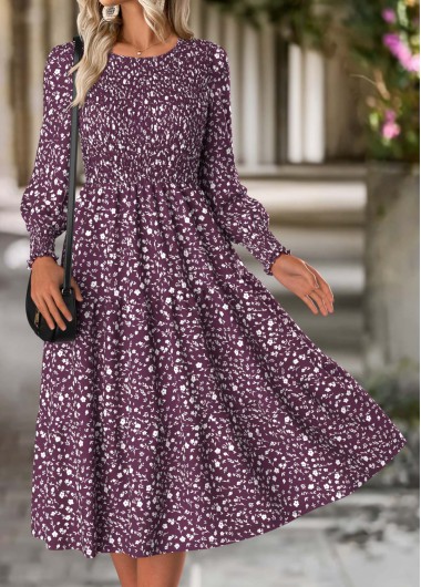 Modlily Purple Tummy Coverage Ditsy Floral Print Long Sleeve Dress - XXL