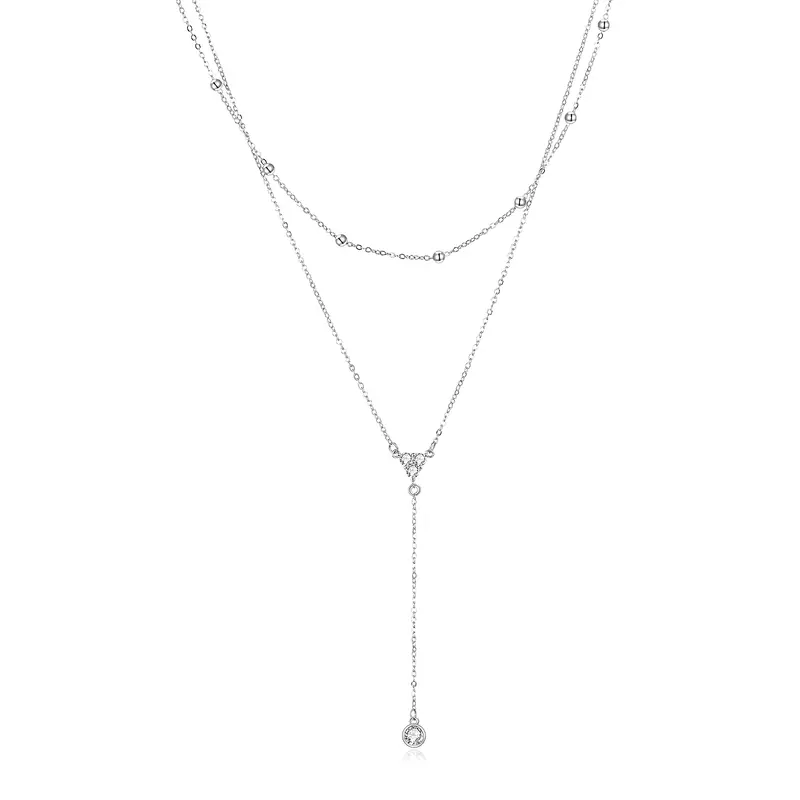 Sterling Silver Cubic Zirconia 2 Layered Y-necklace with Bead Station Chain