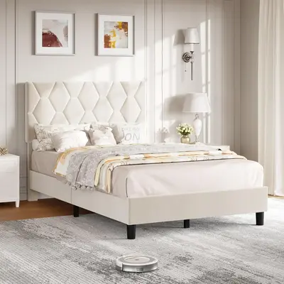 Beige Twin Bed Frame with Upholstered Headboard Heavy-Duty Platform Bed Frame with Strong Wood Slats No Box Spring Needed/Noi...