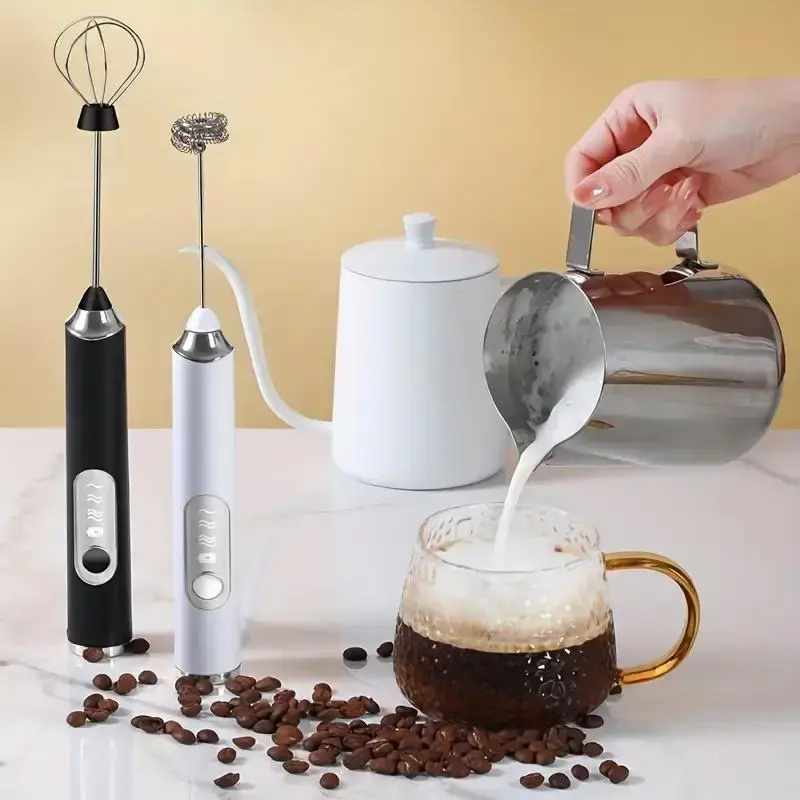 Rechargeable Handheld Electric Milk Frother, 3-Speed Adjustable Handheld Milk Frother with 2 Stainless Steel Egg Beater, Kitc...