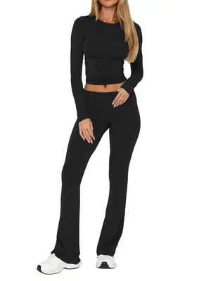 Women's Solid Long Sleeve Tee & Flare Leg Pants Loungewear Two-piece Set, Casual Comfy Round Neck Top & Drop Waist Trousers P...