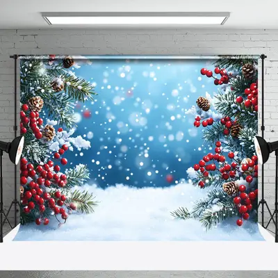 Blue Bokeh Snow Cherry Pine Leaves Christmas Backdrop - Aperturee