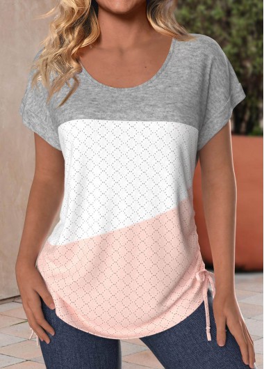 Modlily Dusty Pink Patchwork Short Sleeve Round Neck T Shirt - S
