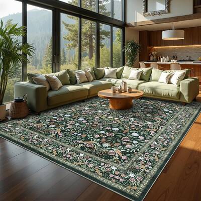 Garvee Large Floral Area Rug Vintage Botanical Design Soft Faux Wool Non-Slip Stain Resistant Dark Green Living Room Bedroom