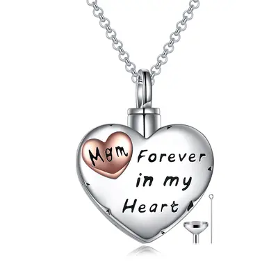 Sterling Silver Two-tone Mother Urn Necklace for Ashes with Engraved Word