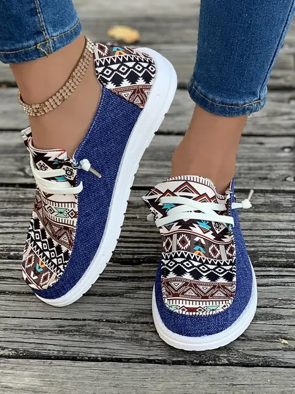 Women's 1 Pair Casual Geometric Print Lace-up Round Toe Sneakers, Boho Ethnic Pattern Design Comfortable Breathable Shoes for...
