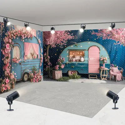 Aperturee Retro Blue Rv Pink Floral Wedding Room Set Backdrop | Wedding Stage Backdrop | Wedding Photo Booth Backdrop | Stage...