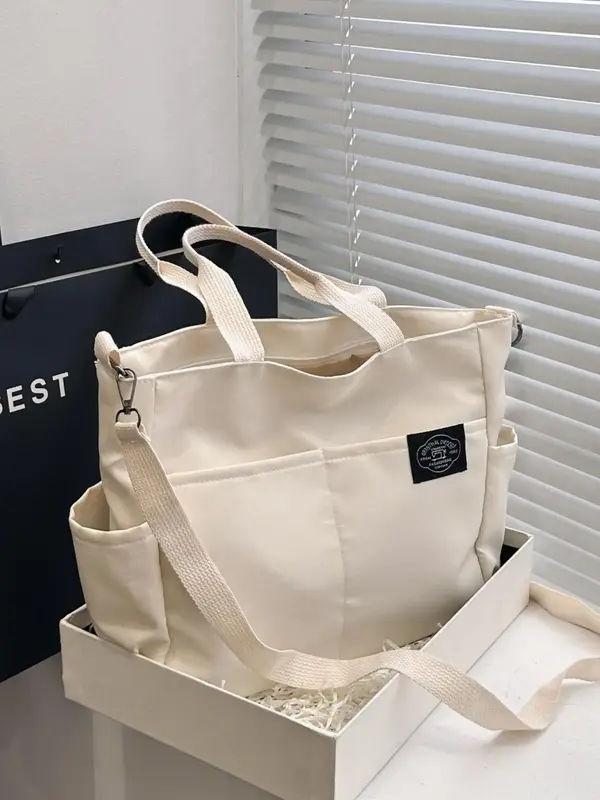 Women's Solid Color Patched Tote Bag With Adjustable Strap, Large Capacity Commuting Carrying Bag College Style Student Outfi...