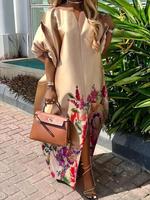 Women's Floral Print Split Hem Notched Neck Dress, Chic Boho Fashion Casual Batwing Sleeve Long Dress for Daily Holiday Vacat...