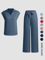 Two-piece Set Women's Solid Tee & Pants Set, Casual Top & Wide Leg Trousers, Ladies Clothes for All Seasons, Womenswear, Casu...