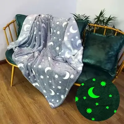 Moon & Star Print Luminous Flannel Blankets, 1 Count Glow in The Dark Soft Throw Blanket, Soft Comfortable Napping Blankets, ...