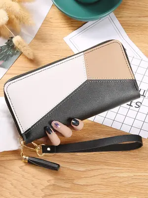Women's Patchwork Long Wallet with Tassel Decor, Fashion Trendy Multi-function Zipper Card Holder, Casual Basic Wallet for Da...