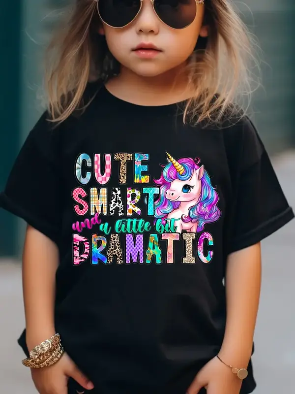 Girls' Cotton T-shirt With Colorful Unicorn Pattern Print And Letter Print For Comfortable And Casual Round Neck Short Sleeve...