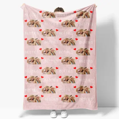 Aperturee Personalized Red Heart Pink Bestie Photos Blanket - Aperturee