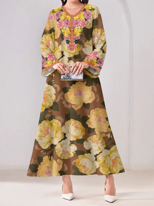 Plus Size Boho Style Long Sleeve Dress, Loose-Fit Woven Fabric, Round Neck Print Design, All Seasons Wearable