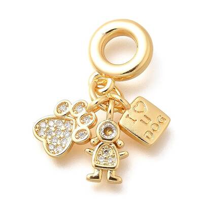 Brass Clear Cubic Zirconia Paw Print & Girl & Letter European Dangle Charms