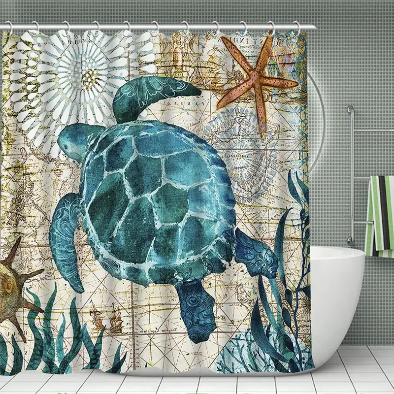 Bathroom Accessories Sea Turtle Pattern Bathroom Curtain with Hooks, U-shaped Contour Toilet Mat, Bathroom Rug, Toilet Lid Se...