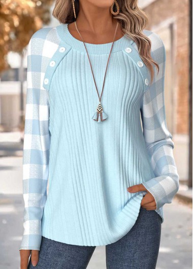 Modlily Light Blue Tummy Coverage Plaid Long Sleeve T Shirt - L