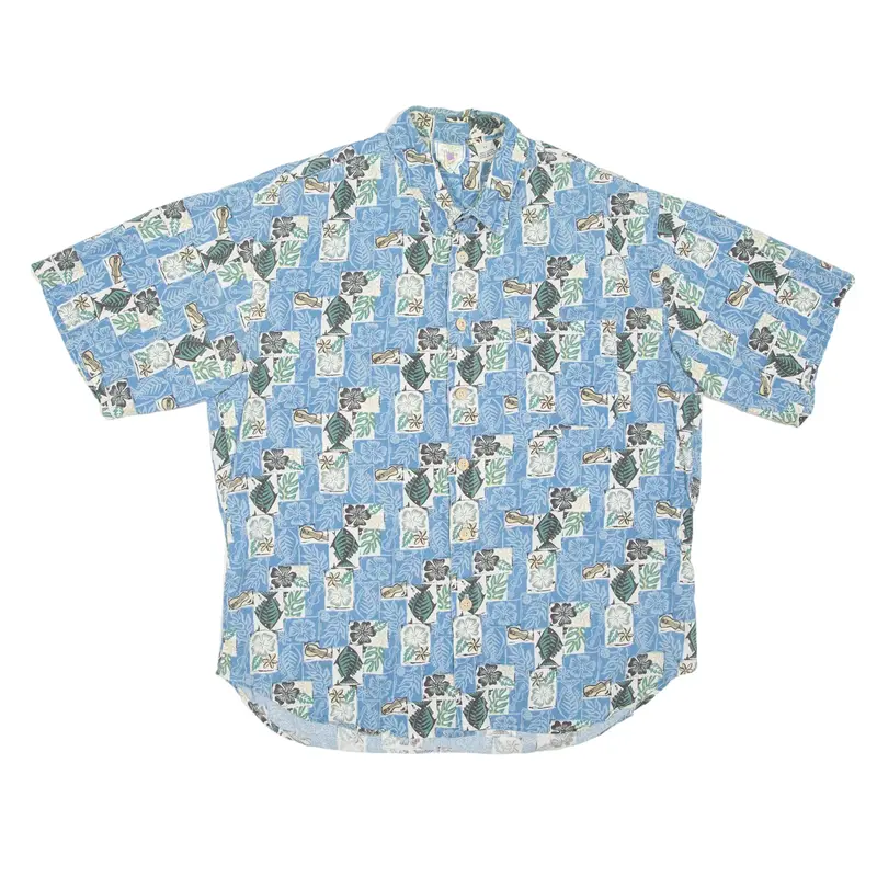 MAHALO CLOTHING Fish Hawaiian Shirt Blue Floral Short Sleeve Mens L