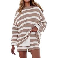 ZESICA Striped Lounge Sets for Women 2 Piece Oversized Outfits Long Sleeve Tops and Shorts Sweater Pajama Set Loungewear Nigh...