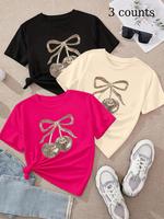 Women's Leopard Cherry & Bow Print Round Neck Tee, Casual Short Sleeve T-shirt for Daily Wear, Ladies Clothes for All Seasons