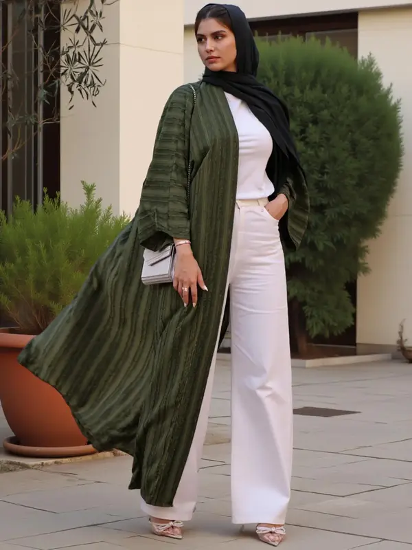 Women's Solid Color Open Front Abaya with Belt, Elegant Long Sleeve Belted Abaya for Spring & Fall, Ladies Islamic Clothing f...