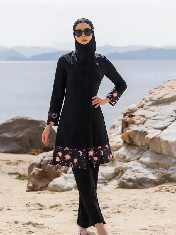 Women's Patchwork Long Sleeve Zip Up Abaya & Hijab & Pants Islamic Swimwear Set, High Stretch Modest Casual Sun Protection Sw...