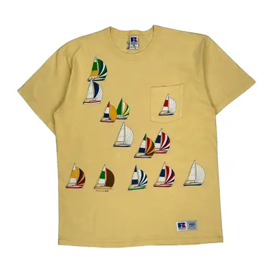 Single Stitch Russell Athletic Graphic T-Shirt - XL Yellow Cotton