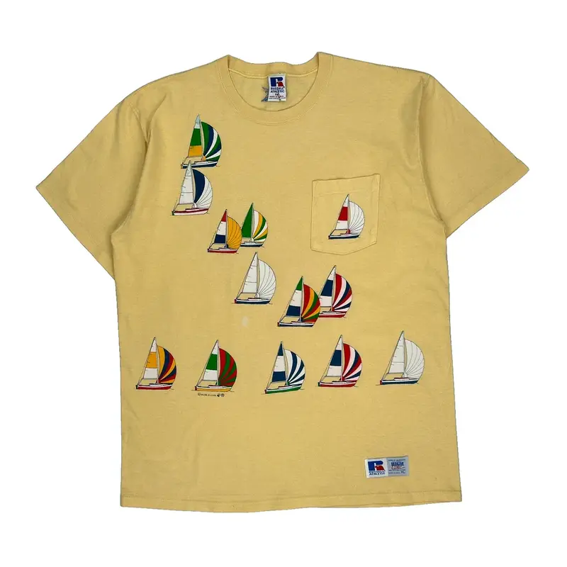 Single Stitch Russell Athletic Graphic T-Shirt - XL Yellow Cotton