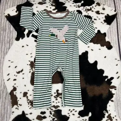 LR0963-BABY BOY EMBROIDEY MALLARD DUCKS STRIPE LONG SLEEVE ROMPER