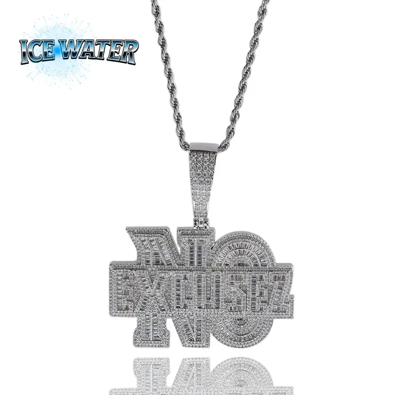 ICE WATER NO EXCUSEZ Letter Hip-Hop Pendant Copper zironia Heavy Industry Micro-inlaid Ladder Cubic Stone Fashion Men's Trend...