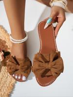 Women's Bowknot Design Slip on Sandals, Sandals For Summer, Casual Open Toe Flat Sandals for Beach, Fashionable Fawn Brown Sh...
