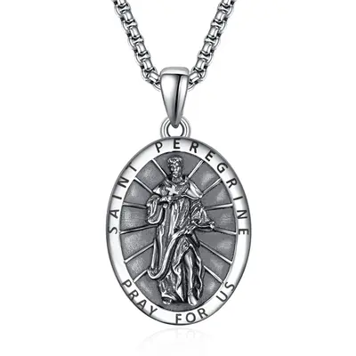 Sterling Silver Saint Peregrine Pendant Necklace for Men