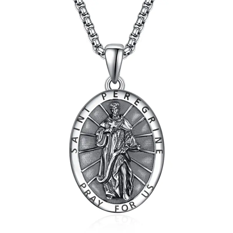 Sterling Silver Saint Peregrine Pendant Necklace for Men
