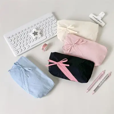Soft Portable Pencil Case, 1 Count Cute Bow Design Stationery Bag with Zipper, Stationery Storage Bag for Office School Stude...