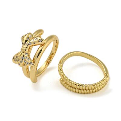 Bowknot Brass Micro Pave Clear Cubic Zirconia Double Rings