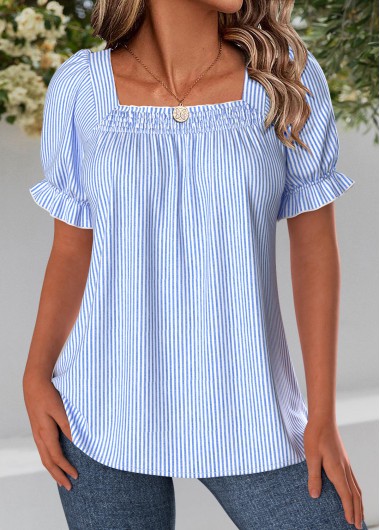Modlily Blue Striped Short Sleeve Square Neck Blouse - XL