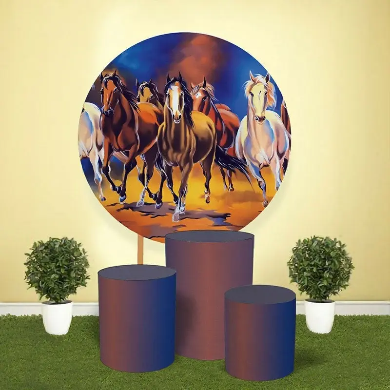 Aperturee Dark Brown Horse Round Happy Birthday Party Backdrop Kit | Birthday Backdrop Ideas | Custom Round Backdrop | Round ...
