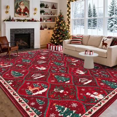 Garvee Christmas Area Rug 9x12 Red Festive Design Non-Slip & Washable Polyester Soft Low Pile Durable Indoor Living Room Bedr...