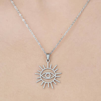 Non-Tarnish 201 Stainless Steel Hollow Sun with Eye Pendant Necklace