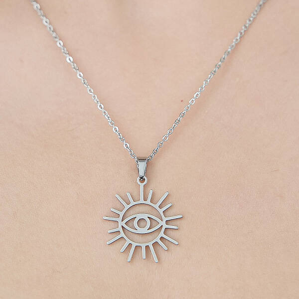 Non-Tarnish 201 Stainless Steel Hollow Sun with Eye Pendant Necklace