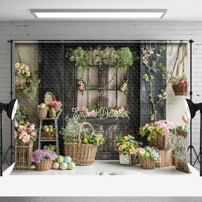 Vintage Black Wooden Door Floral Photo Backdrop - Aperturee